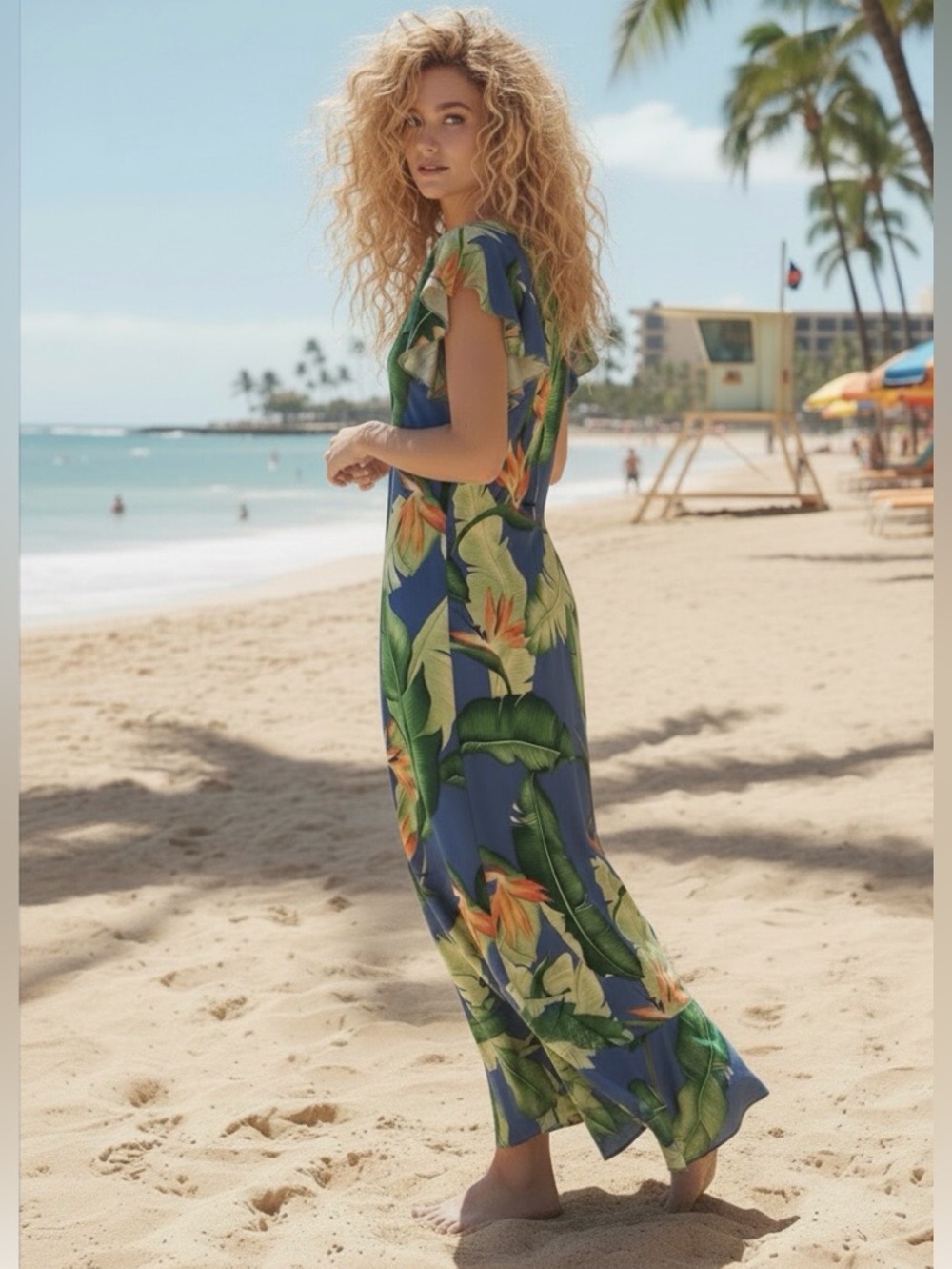 Vintage Hawaiian Blue Tropical Floral Maxi Dress